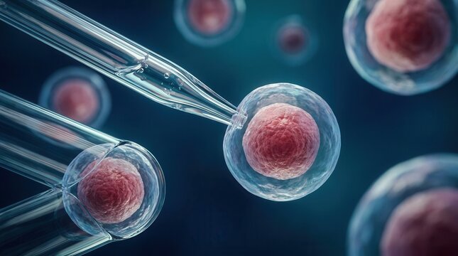 Cancer immunity medicine concept featuring a micropipette manipulating cell in a laboratory setting with immune cell interaction and cell therapy.
