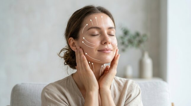 Facial lines marked on a woman demonstrating a face yoga massage technique for muscle tone, sculpting, and lifting.