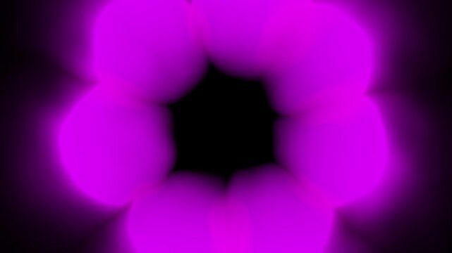 Abstract neon magenta glowing shapes forming circular flower pattern on dark background