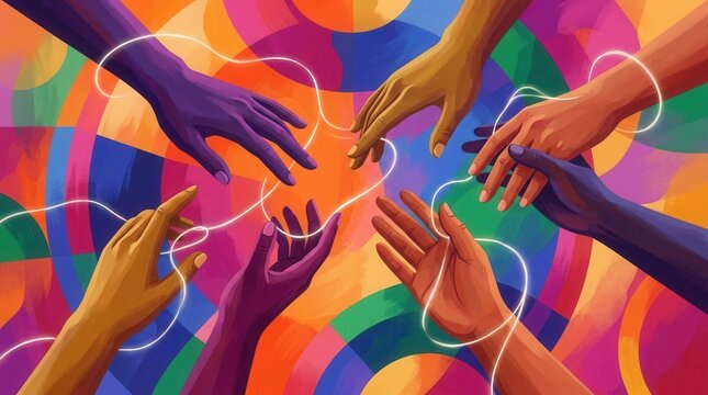 Hands connecting with threads in a vibrant illustration representing collaboration, diversity and community