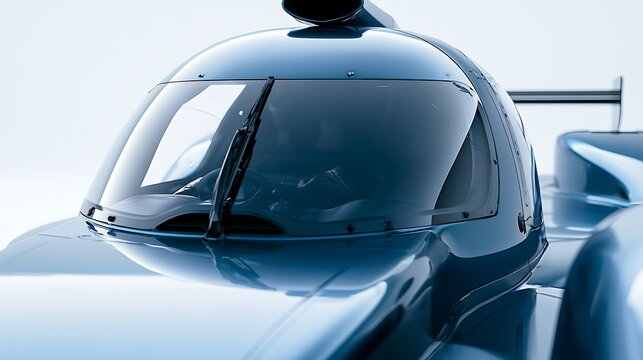 A sleek turquoise race car windshield gleams under bright studio lighting. Ideal for automotive design and motorsport concepts.