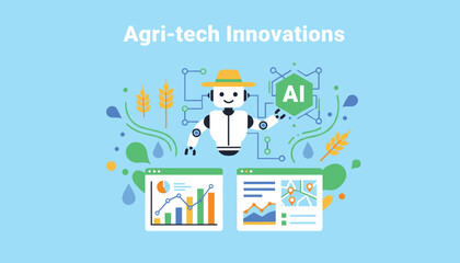 Fototapeta premium Advanced robot in a farming hat represents agricultural technology innovations and smart farming powered by artificial intelligence.