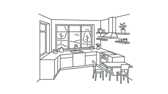 A detailed black and white line drawing of a modern kitchen interior.