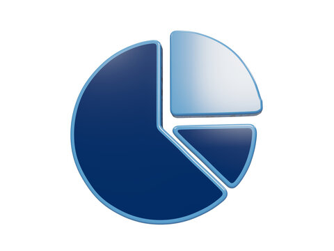 Blue glossy 3d pie chart icon demonstrates market share distribution and data segmentation.
