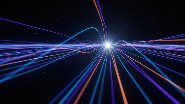 Long exposure light streaks representing abstract data transmission and high-speed internet in dark space.