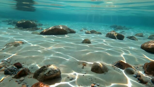 serene ultra-high-quality 4K footage shows crystal-clear shallow sea water flowing over a sandy seabed with sunlight forming shimmering ripple patterns that dance across the surface creating a