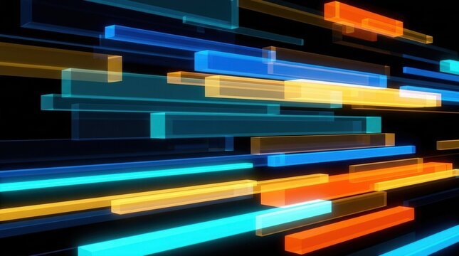 Digital transformation process, data flow, speed, integration, and technological shift represented by abstract streaks of colorful light bars on black.