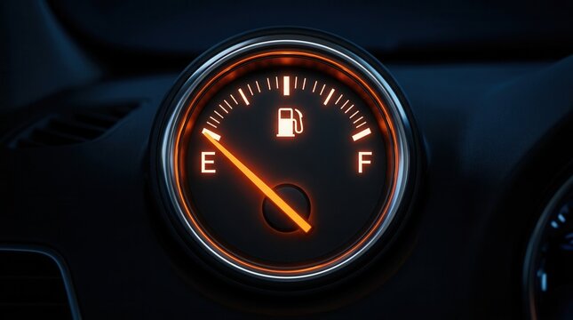 Car dashboard fuel gauge with orange glow showing low fuel and warning light
