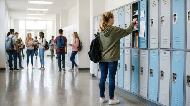 A high school student organizing her locker in a school hallway among peers during a busy school day.