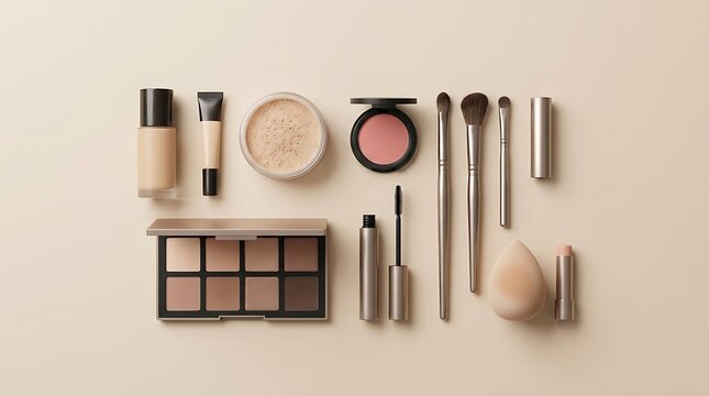 Set of professional makeup cosmetics and beauty tools arranged neatly on a soft beige background. beginner makeup guide