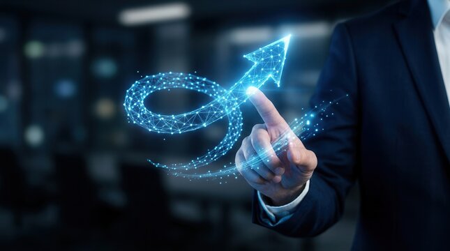 Strategic leadership and organizational shift symbolized by a hand guiding a glowing digital arrow swirl in an upward direction.