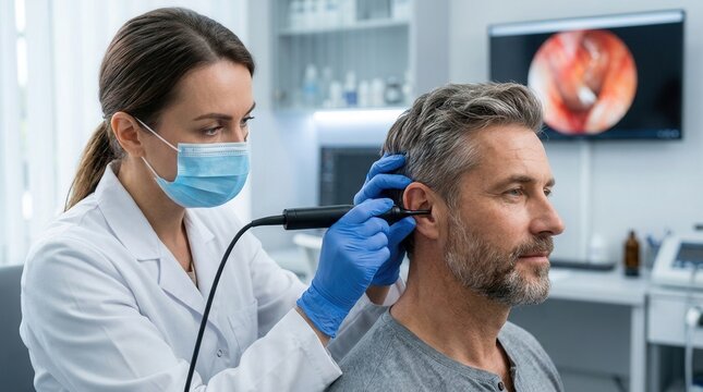 An audiologist performing professional ear wax removal with a microsuction device for a male patient at an ear nose and throat clinic.