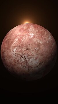 Red dwarf Makemake planet in deep space with glowing sunrise horizon and rocky cratered surface