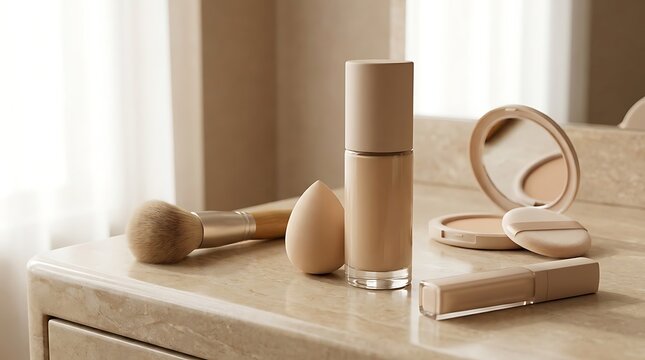 Cosmetic foundation bottle with makeup brush and powder compact on a beige vanity table in a bright room. beginner makeup guide