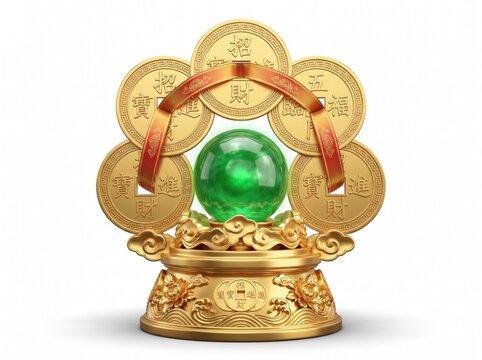 Luxurious Chinese feng shui wealth sculpture with five gold ancient coins encircling glowing emerald jade sphere on decorated golden pedestal against a white studio background


