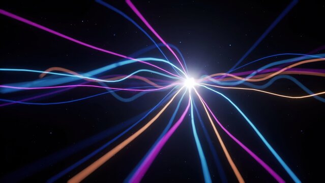 Abstract glowing neon energy streams with bright light flare in dark space.