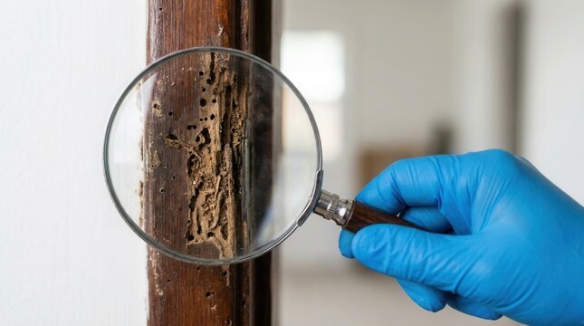 Exterminator inspecting house door frame for termite infestation and wood damage.