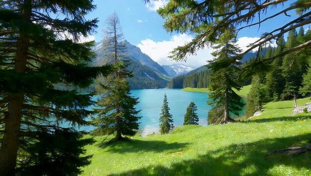 Idyllic nature conservation footage in stunning 4K revealing the tranquil mirror-like waters of the Nonnenmattweiher karsee lake nestled deeply within a dense forest of dark fir trees