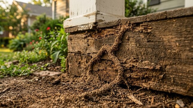 Termite trail and soil on damaged house foundation wood, highlighting pest inspection and termite control concerns.