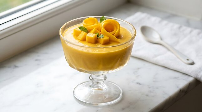 Fresh mango mousse in a glass bowl topped with sliced fruit and mint leaves on a marble table by the window. Mango Mousse Recipe