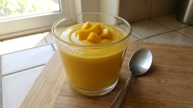 Fresh mango mousse dessert in a glass bowl with a spoon on a wooden table for a healthy sweet treat,Mango Mousse Recipe