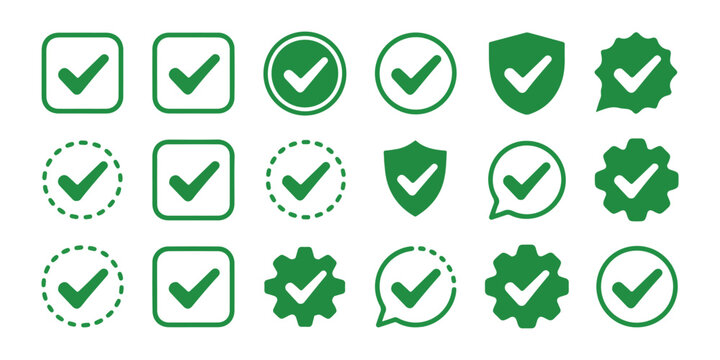 Green check mark icons in diverse shapes for positive indications and approval designs.