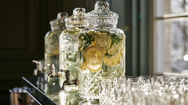 Three ornate crystal style drink dispensers offering healthy infused water, creating a sophisticated self serve beverage option at an event