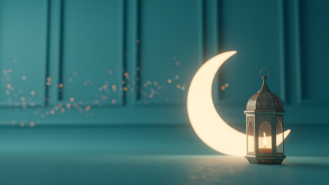 Ramadan lantern with glowing crescent moon and stars on turquoise background crescent celebration