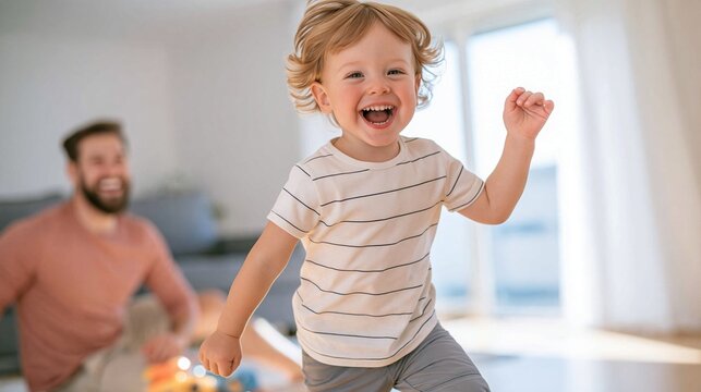 Adorable toddler boy running and laughing, expressing pure joy and energy. Father is blurred in background, smiling