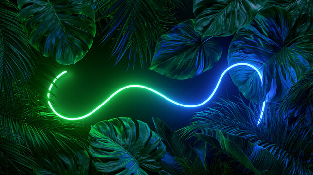 A wavy neon light tube glows green and blue amidst lush tropical jungle monstera leaves. Perfect for night club events and modern tropical party flyers.