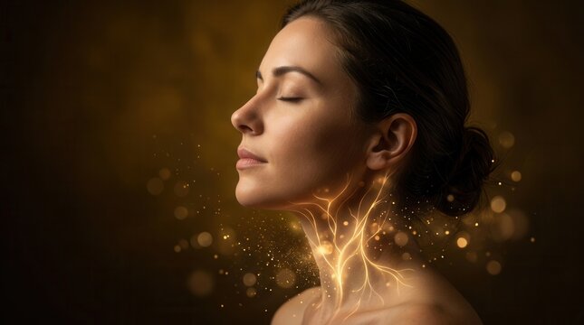 Serene face of a woman practicing slow breath with illuminated nerve pathway representing vagal activation.