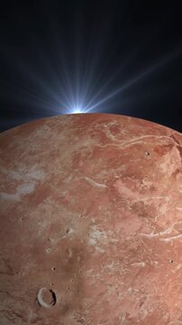 Sun rising over the red surface of Makemake planet in deep space