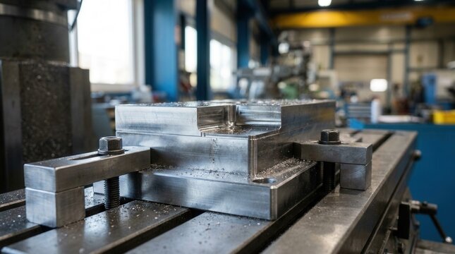 Industrial workshop precision machining featuring a close-up view of a metal stamping die