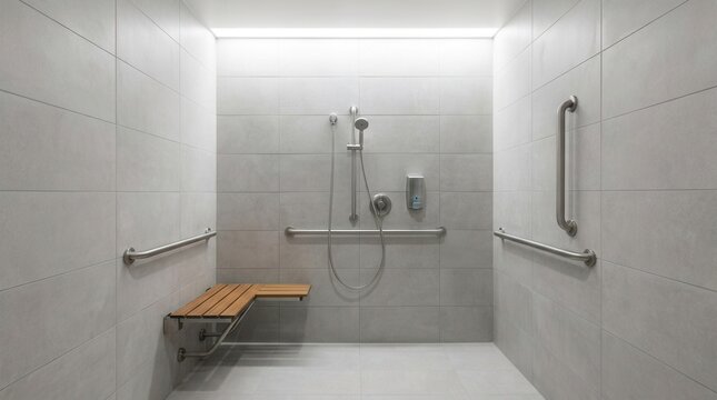Shower room with safety rails and bench for accessible inclusive access