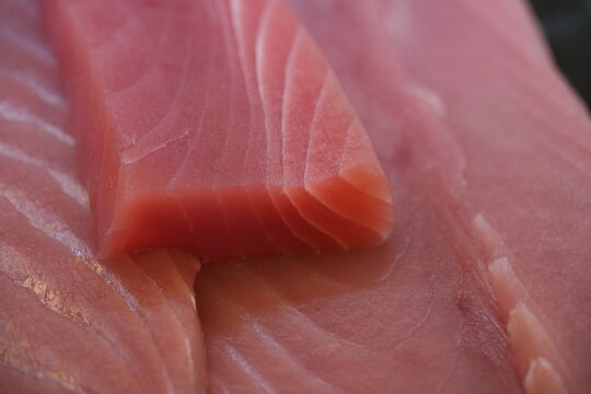 A close up shot of a fresh raw tuna slice.