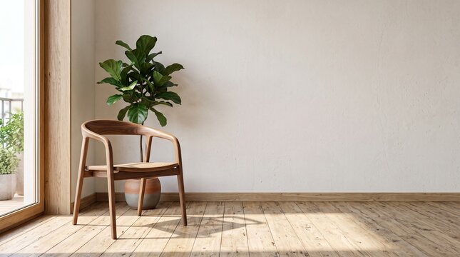 Minimalist wooden chair and potted plant in room
