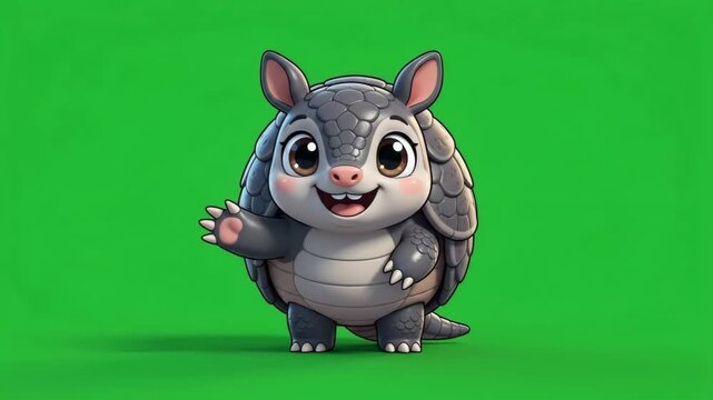 Adorable cartoon armadillo character waving with a friendly smile on a vibrant green screen background.