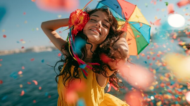 Joyful woman celebrating carnival with colorful confetti, holding a frevo umbrella by the water