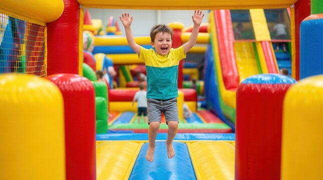 Excited kid playing at a colorful indoor playground.