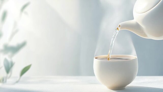 Steaming tea time: pouring hot water into cup for relaxation and wellness