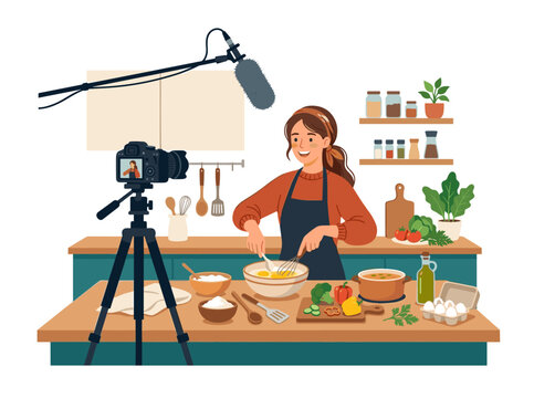 Vector flat design illustration of woman recording cooking video show in kitchen