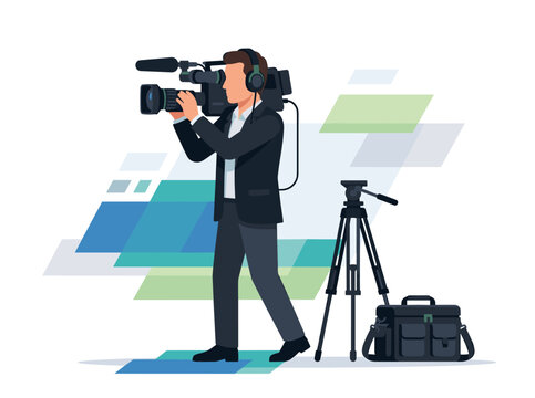 Vector flat design illustration of cameraman recording video with professional camera and tripod