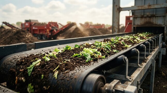 Large-scale automated composting facility with windrow machines processing food waste during peak summer operation.
