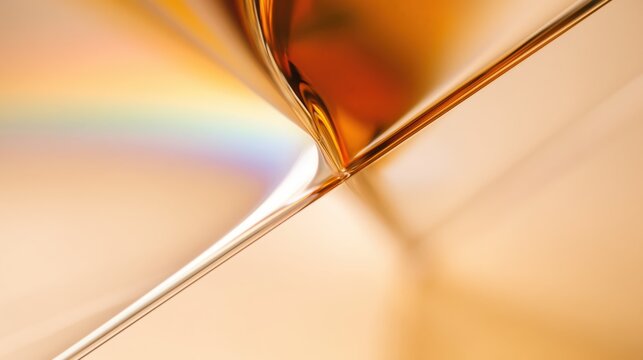Abstract crystal prism with razor-sharp facets, intersecting glass planes and warm amber glow. Subtle rainbow refraction creates a dreamy, cinematic atmosphere.