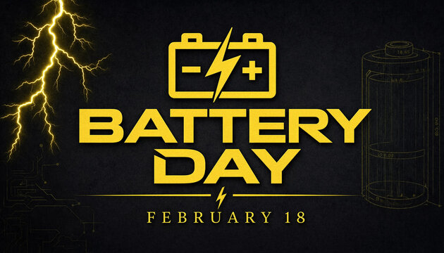 Battery day concept with lightning bolt and battery icon on dark background February 18