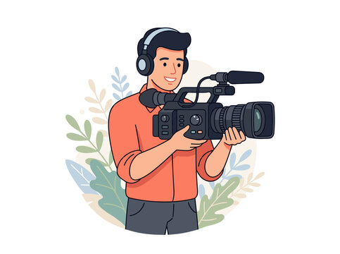 Vector flat design illustration of cameraman holding professional video camera