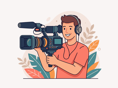 Vector Flat Design Ilustration of a cameraman operator recording video with professional equipment