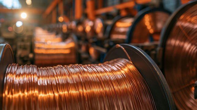 Copper wire reels in a row, manufacturing electrical cables in an industrial factory production line