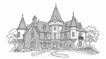 Obraz premium Intricate line art drawing of a French chateau manor house for coloring