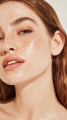Close-up of luminous skin with natural freckles and dewy glow. Healthy, hydrated complexion gleams softly in calm, neutral daylight for a radiant beauty look. © Valeri Luzina